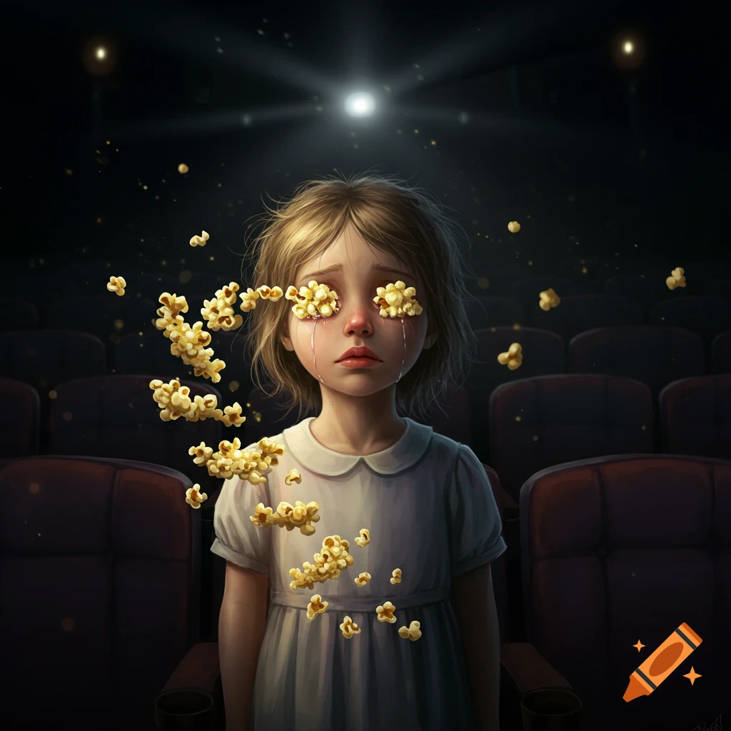 Crying child with popcorn kernels for eyes and tears, in a dark movie theater, digital art.