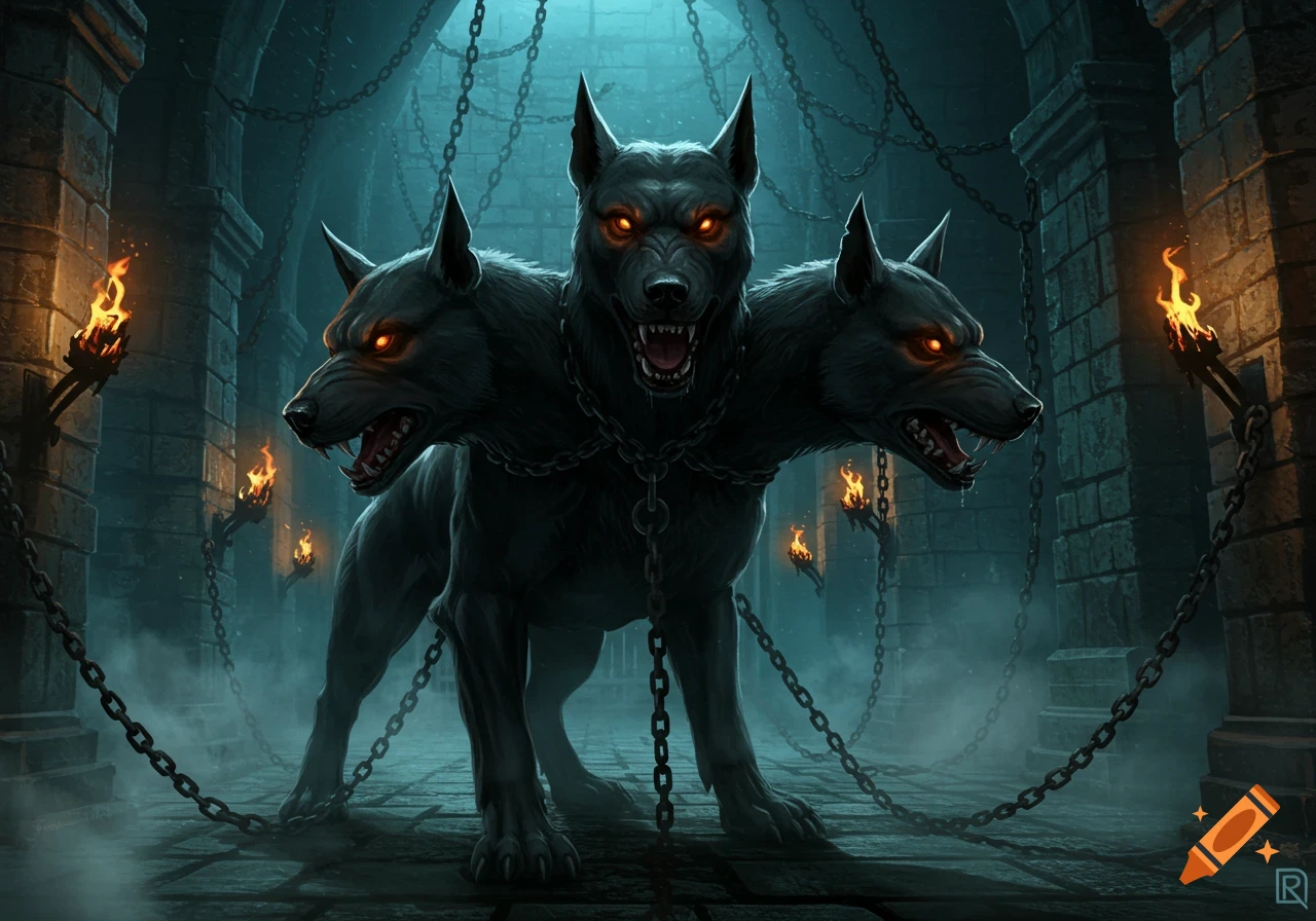 A fierce three-headed black Cerberus with glowing red eyes stands chained in a dark, atmospheric stone dungeon lit by torches.