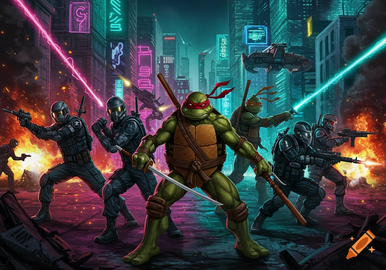 Stylized image of Teenage Mutant Ninja Turtles and armed soldiers battling in a neon-lit cyberpunk city with lasers and explosions.