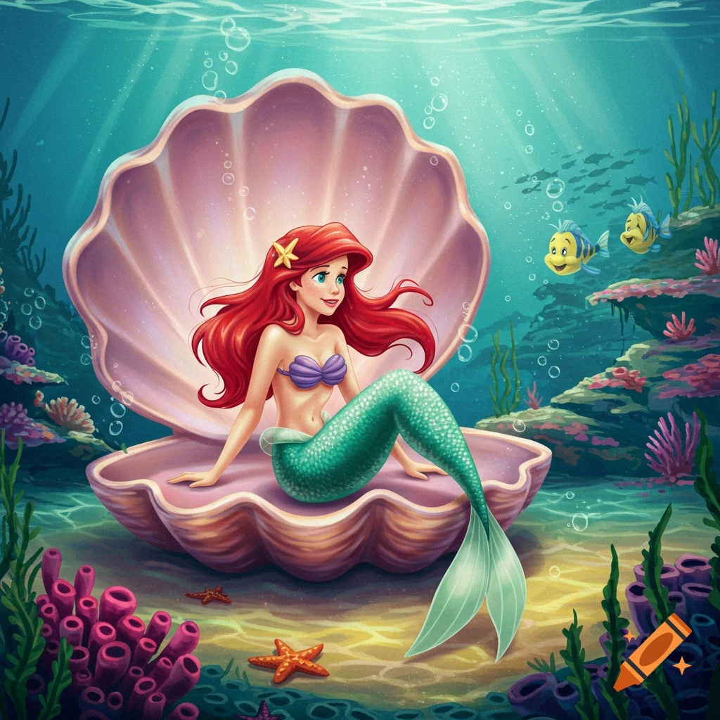 Ariel, the little mermaid, with red hair and green tail, sits in a large pink clamshell at the bottom of the ocean. Fish swim nearby.