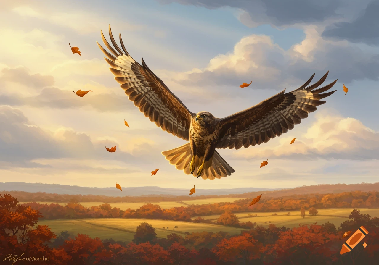 A buzzard with wings spread, flying over an autumn landscape with colorful trees and fields under a cloudy sky.