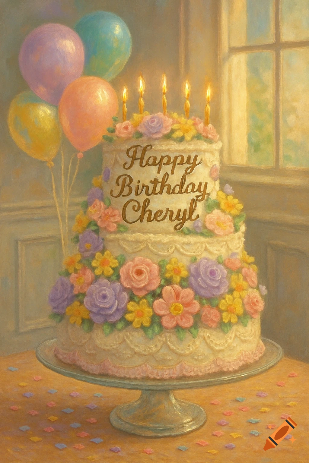 A painterly image of a three-tiered birthday cake with candles, flowers, and 'Happy Birthday Cheryl' text, next to balloons.