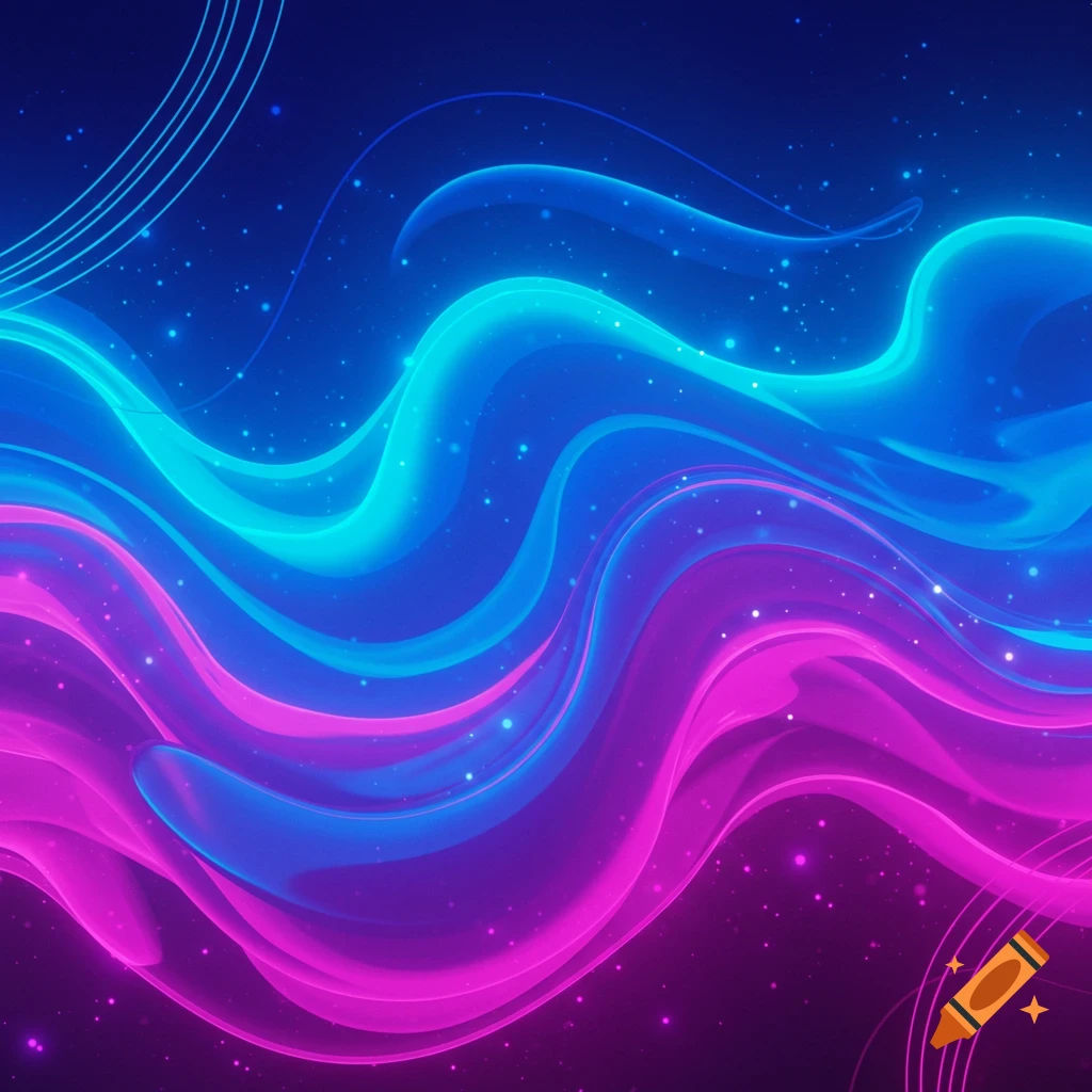 Abstract background with glowing blue and pink wavy shapes, particles, and curved lines.
