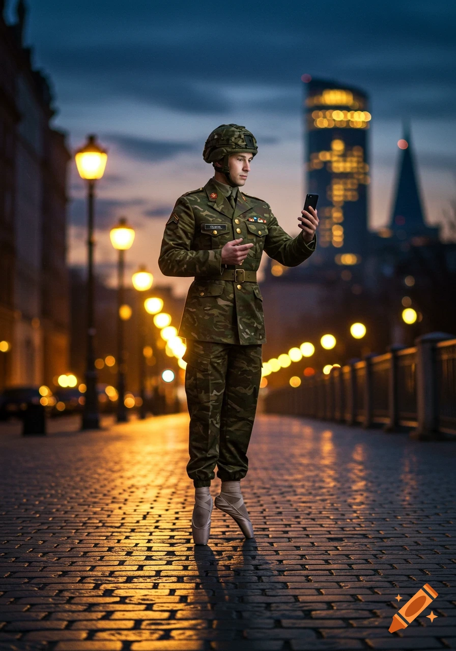A soldier in military uniform and ballet shoes stands en pointe, holding a phone on a cobblestone street at dusk.