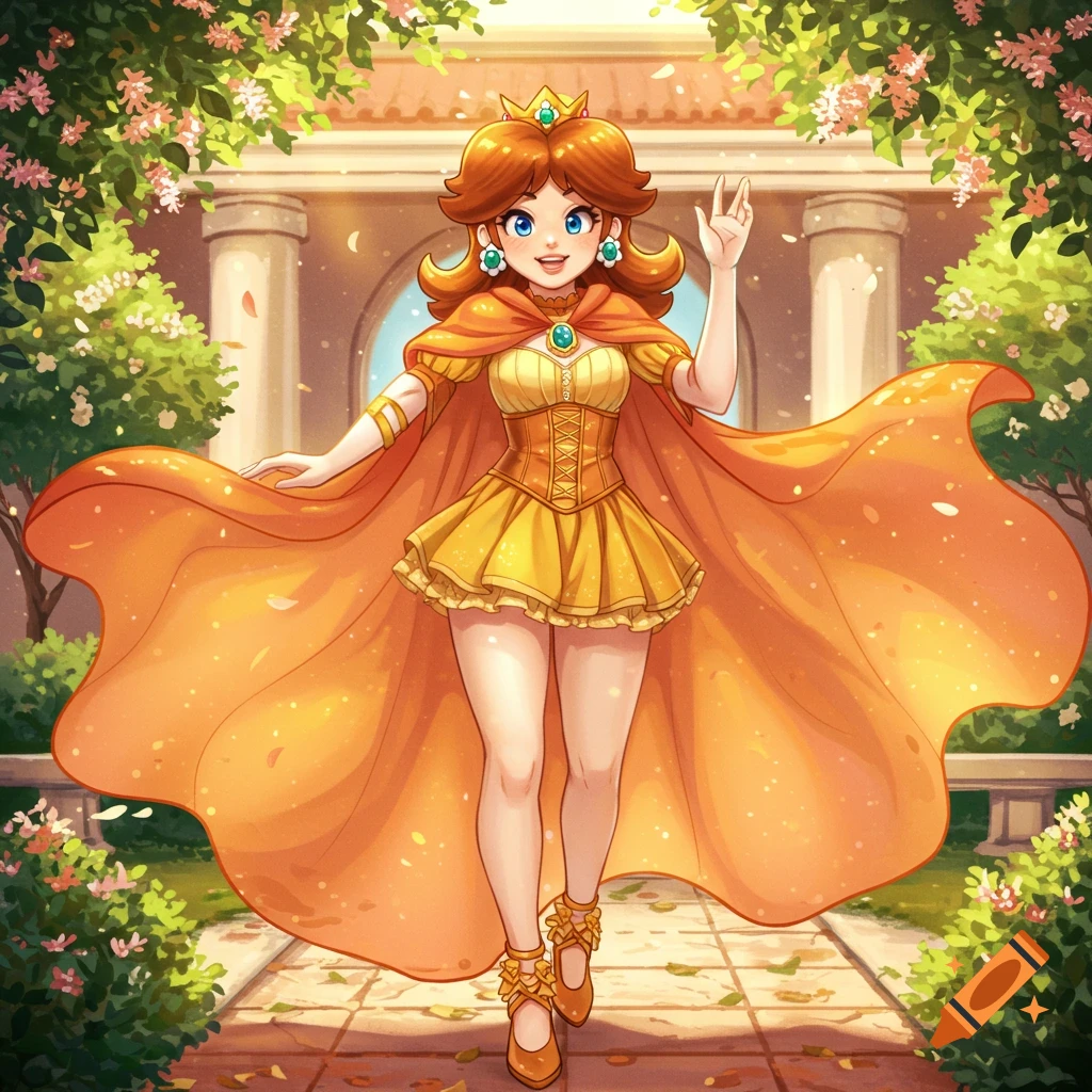 Cartoon Princess Daisy in a yellow dress and orange cape waves in a sunny garden.