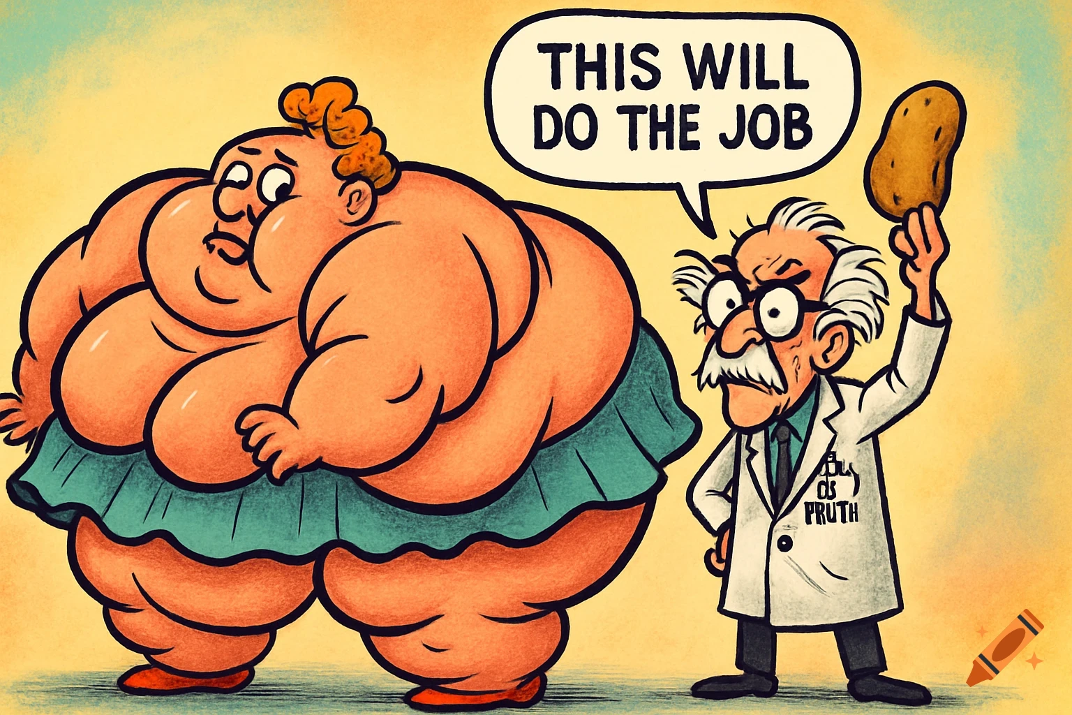 Cartoon of an extremely obese person in a skirt next to a scientist holding a potato, with a speech bubble that reads "THIS WILL DO THE JOB."