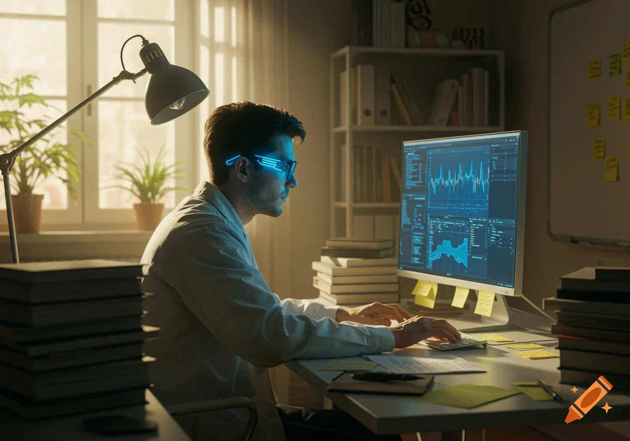 A man wearing futuristic glasses intently works on a computer in a sunlit office, surrounded by stacks of books.