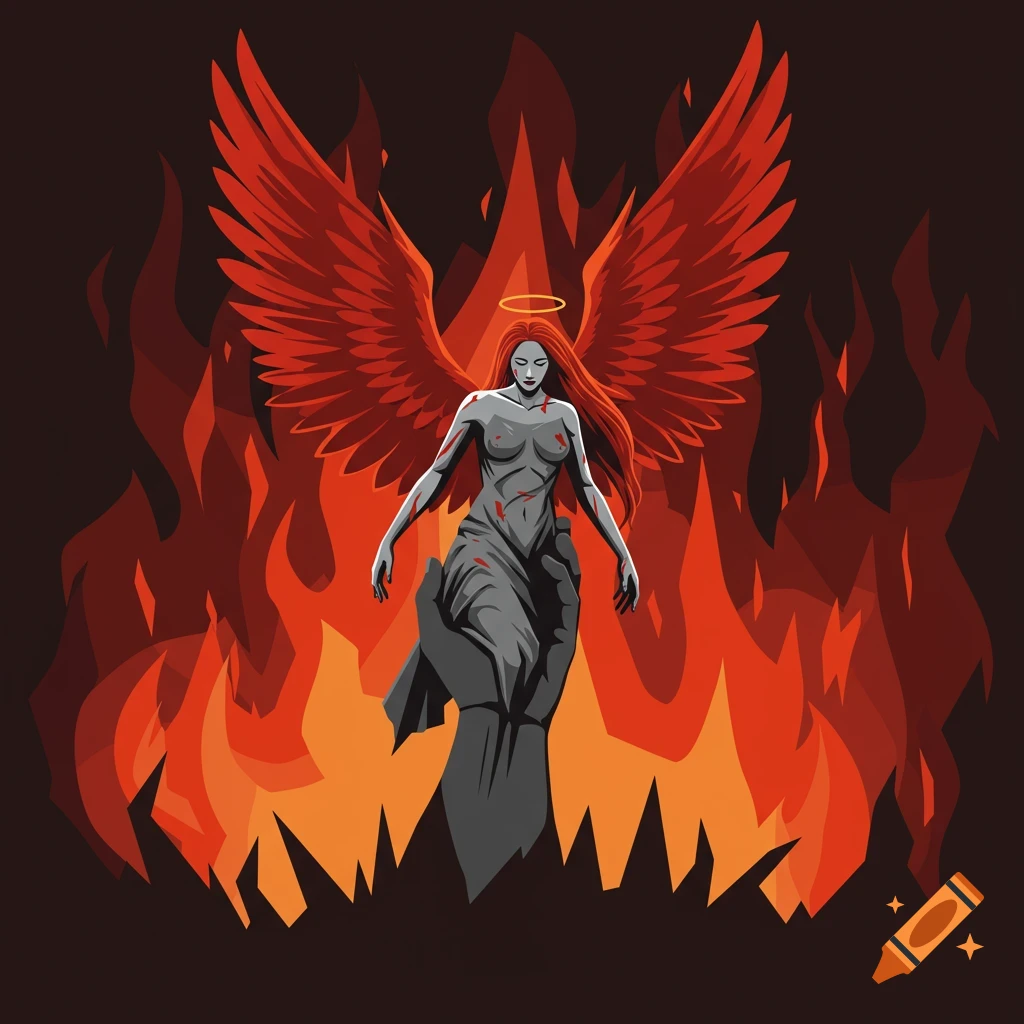 A stylized red-winged angel with a halo, held by a large gray hand, emerging from a fiery inferno.