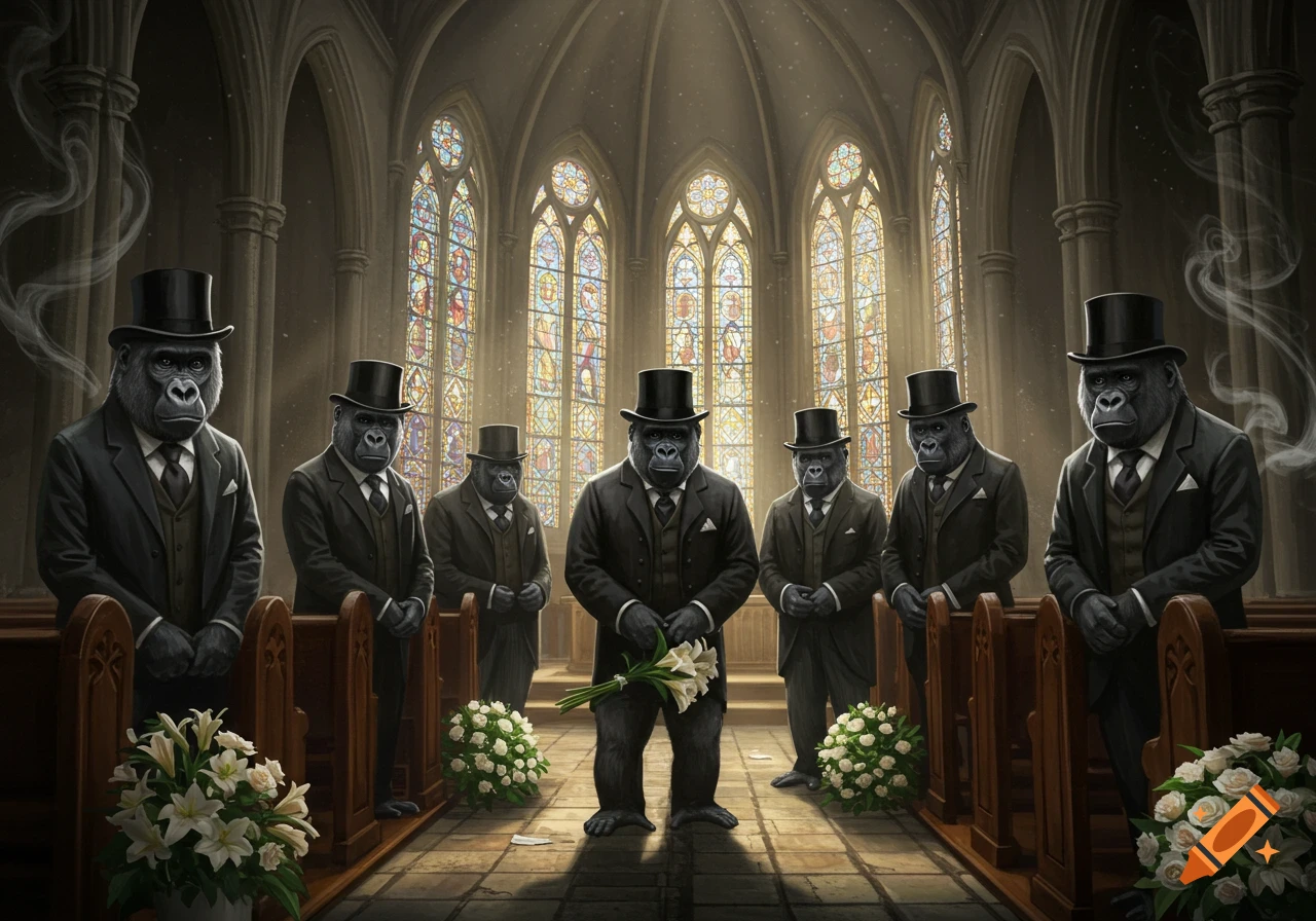 Seven anthropomorphic gorillas in black suits and top hats stand solemnly inside a gothic church with stained glass windows, one holding white flowers.
