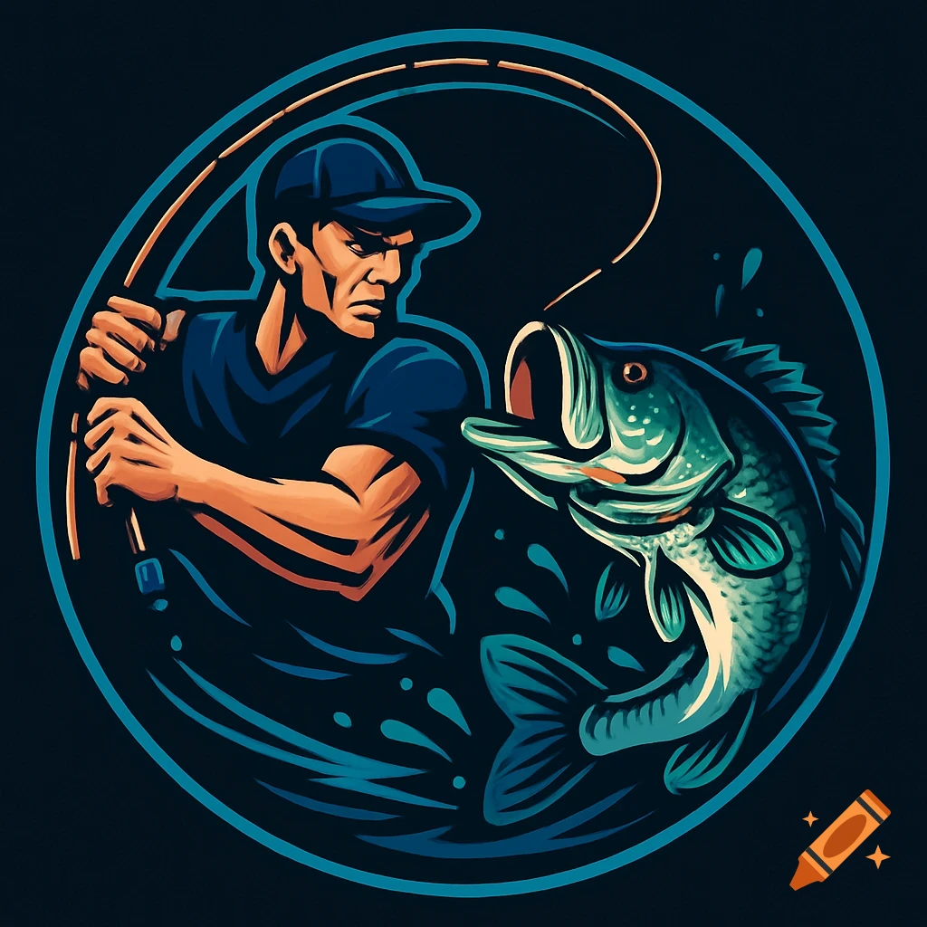 Digital art logo of a man in a hat catching a largemouth bass with a fishing rod, set within a circular frame.