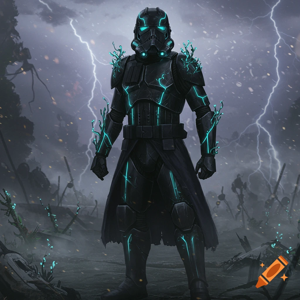 A black armored trooper with glowing blue lines and tendrils stands in a stormy, lightning-filled landscape with debris.