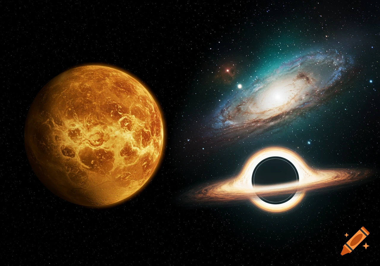 A glowing orange planet, a spiral galaxy, and a black hole with an accretion disk in deep space.