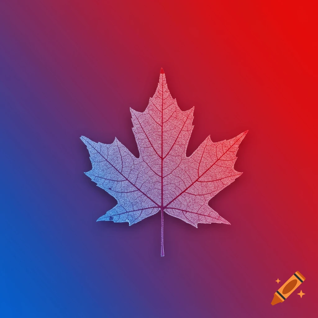 A skeletonized maple leaf centered against a gradient background of blue and red.