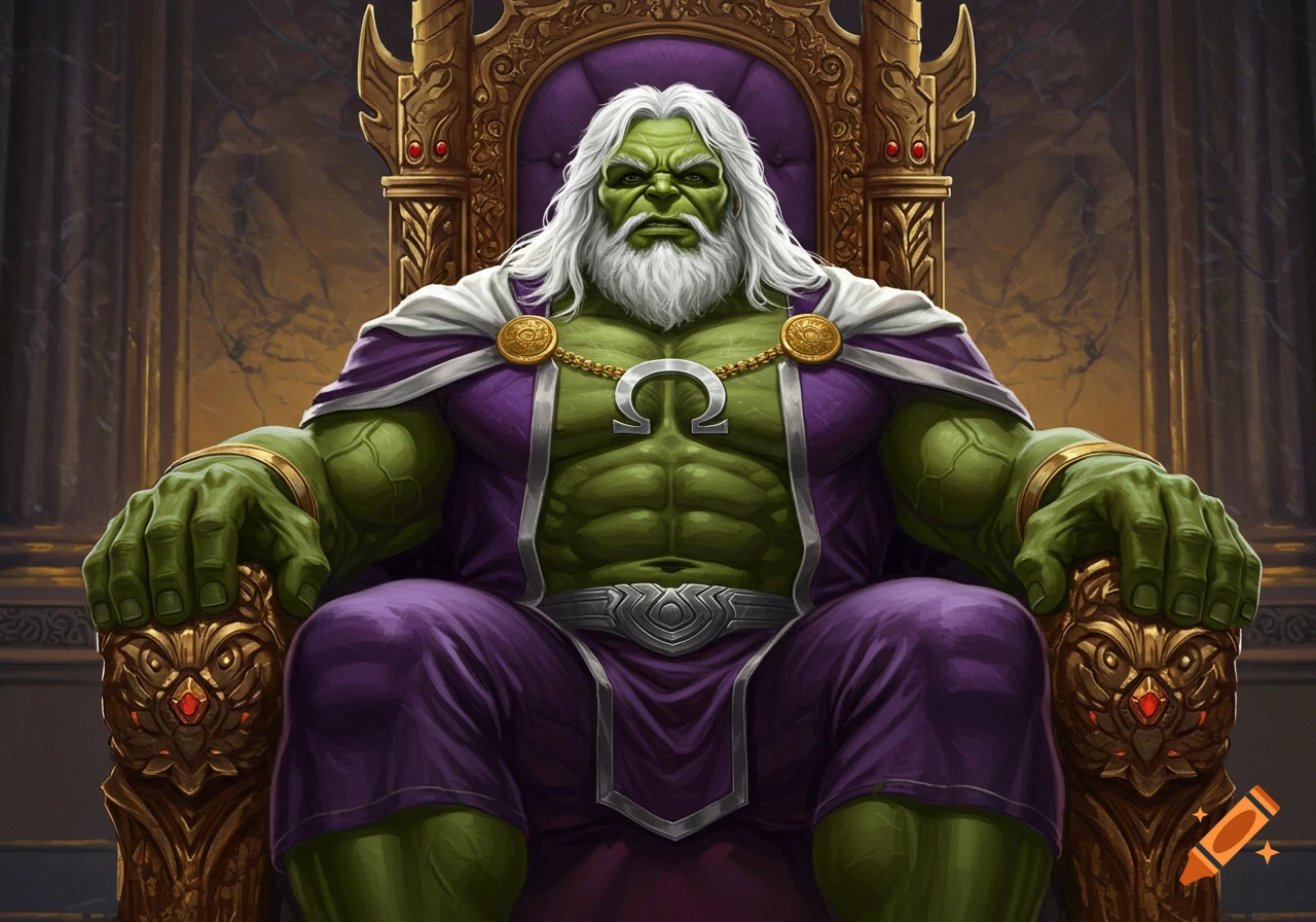 A powerful green-skinned, white-bearded figure in royal purple robes sits on a golden, ornate throne.