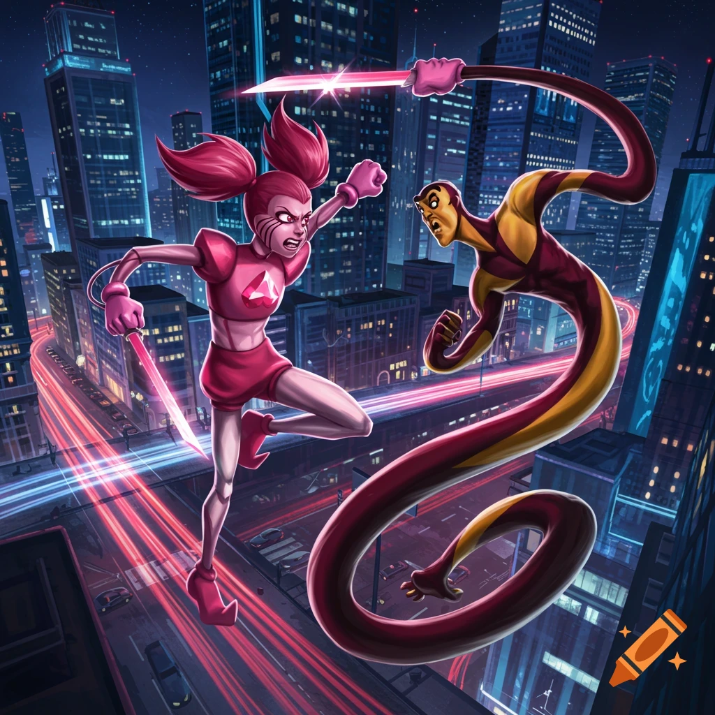 Spinel battles Plastic Man with glowing blades in a dynamic nighttime city scene.