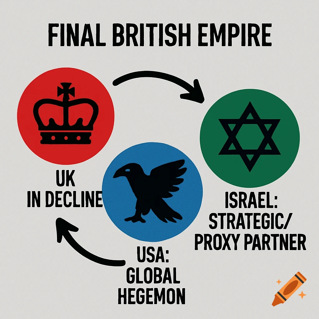An infographic titled 'Final British Empire' with circles representing UK, USA, and Israel, showing geopolitical influence shifts.