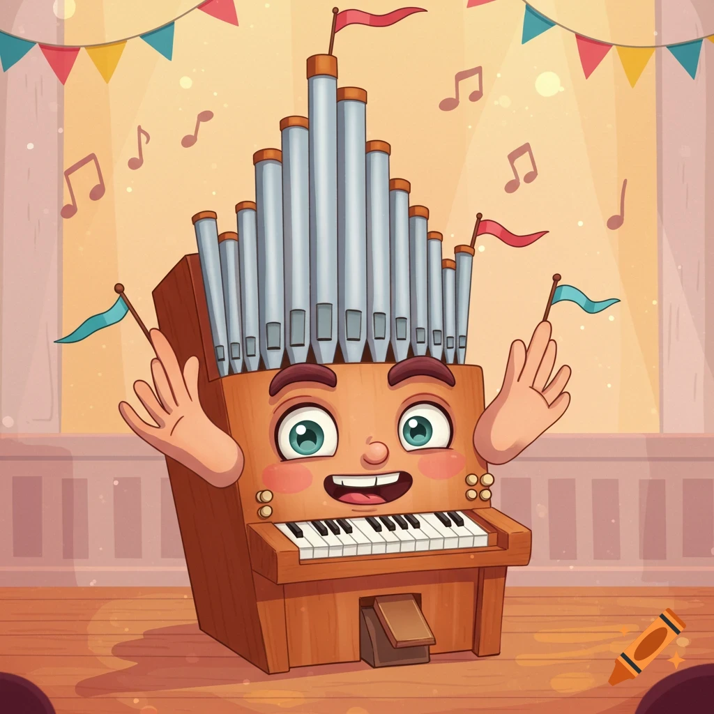A cheerful cartoon organ with a face, arms, and hands, standing on a stage with musical notes and colorful flags.