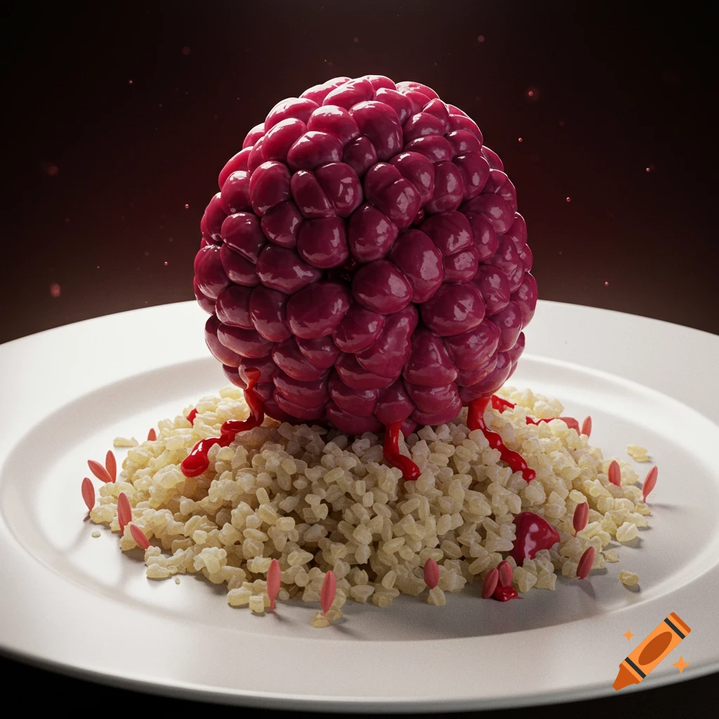 A close-up, photorealistic image of a large, reddish-purple, textured orb resembling a brain or berry, on a bed of granular, rice-like material on a white plate, with red drips and small pink elements.