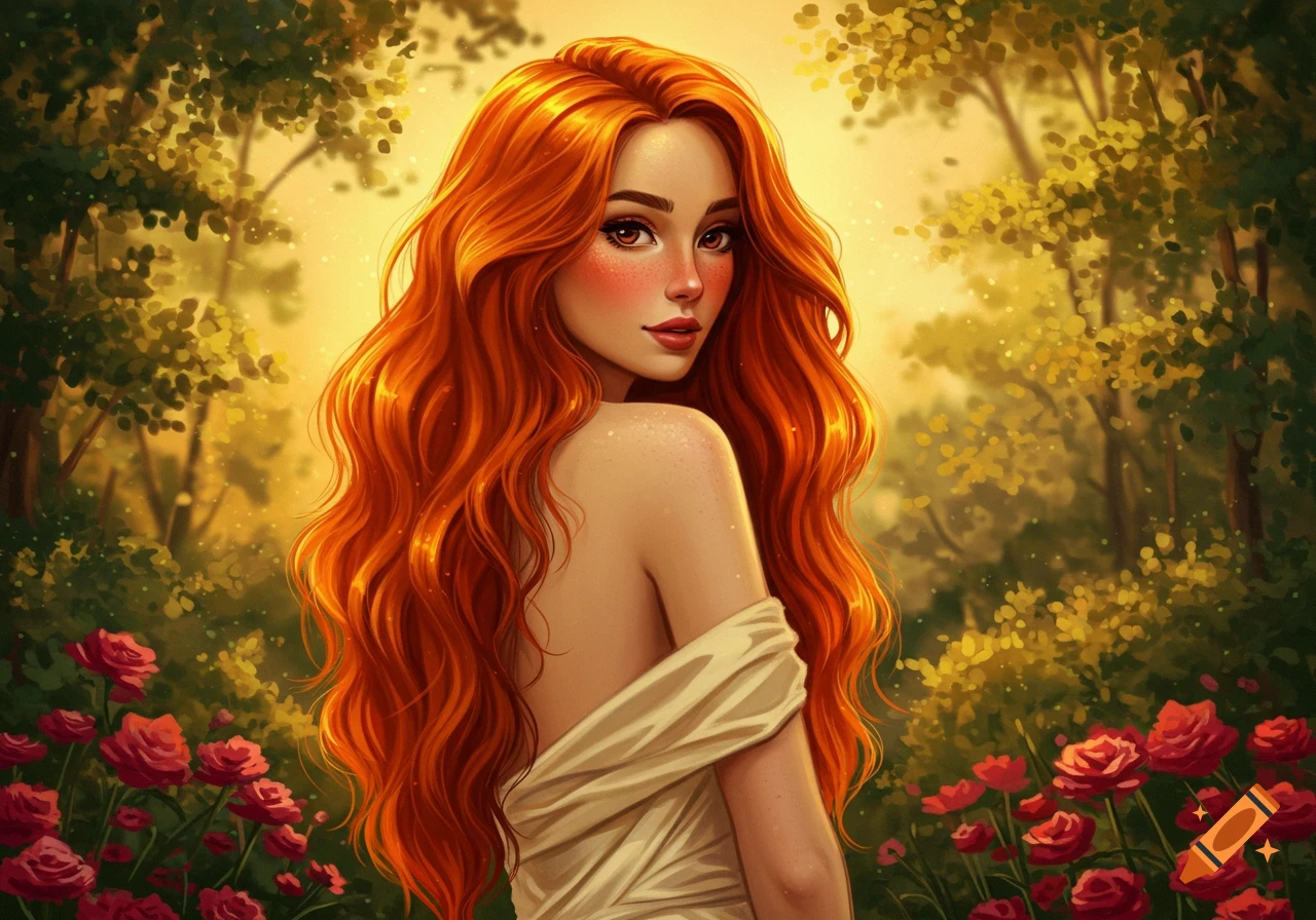 A beautiful woman with long wavy red hair and freckles, wearing a light colored dress, looking over her shoulder in a sunlit forest with red roses.