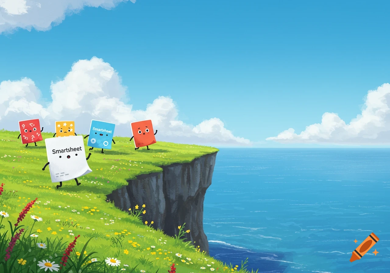 Cartoon Smartsheet cards with faces and limbs run down a grassy cliff toward a blue ocean under a cloudy sky.