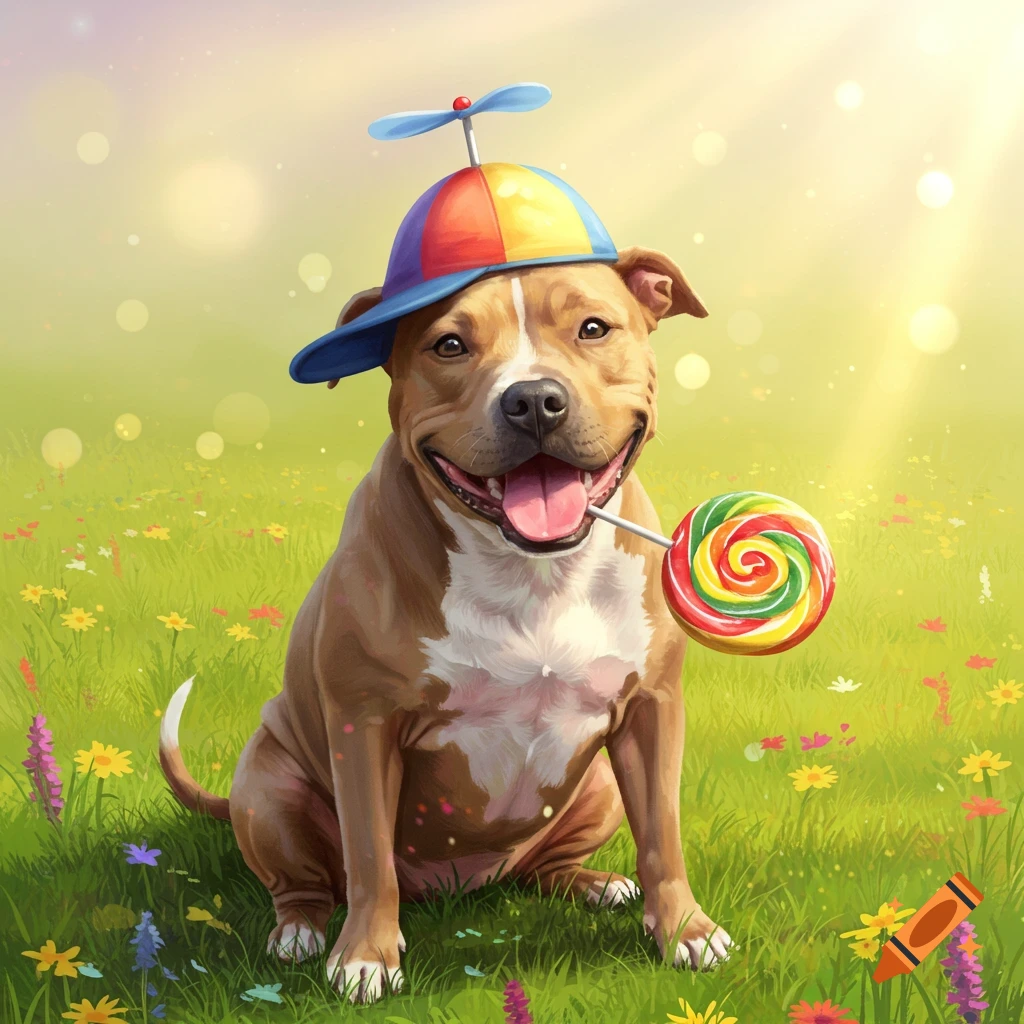 A happy brown and white dog wearing a colorful propeller hat and holding a rainbow swirl lollipop in its mouth, sitting in a sunny field of green grass and wildflowers.
