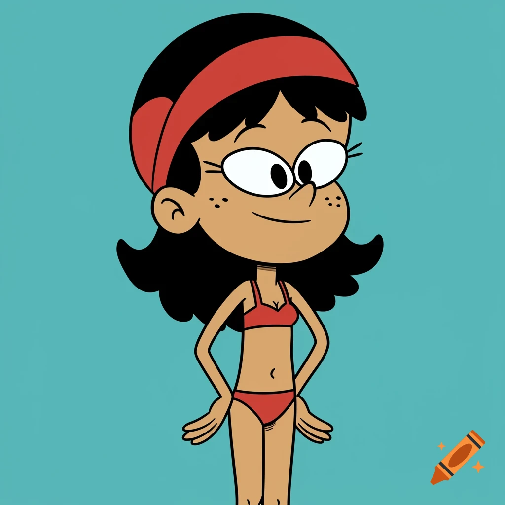 Cartoon character Stella Zhau from The Loud House in a red bikini and headband, smiling against a teal background.