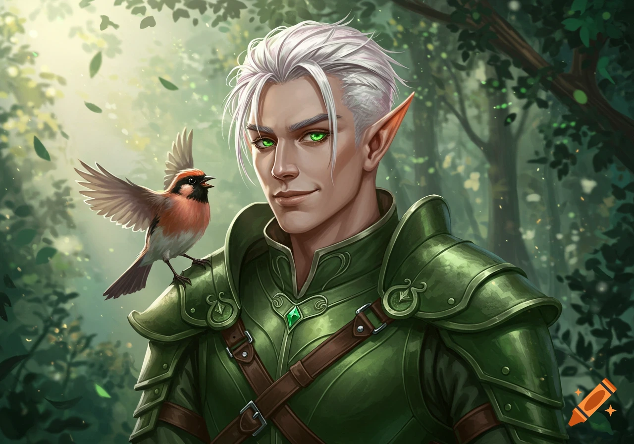 Handsome male elf with white hair, green eyes, green armor, and a songbird on his shoulder in a forest, digital painting.