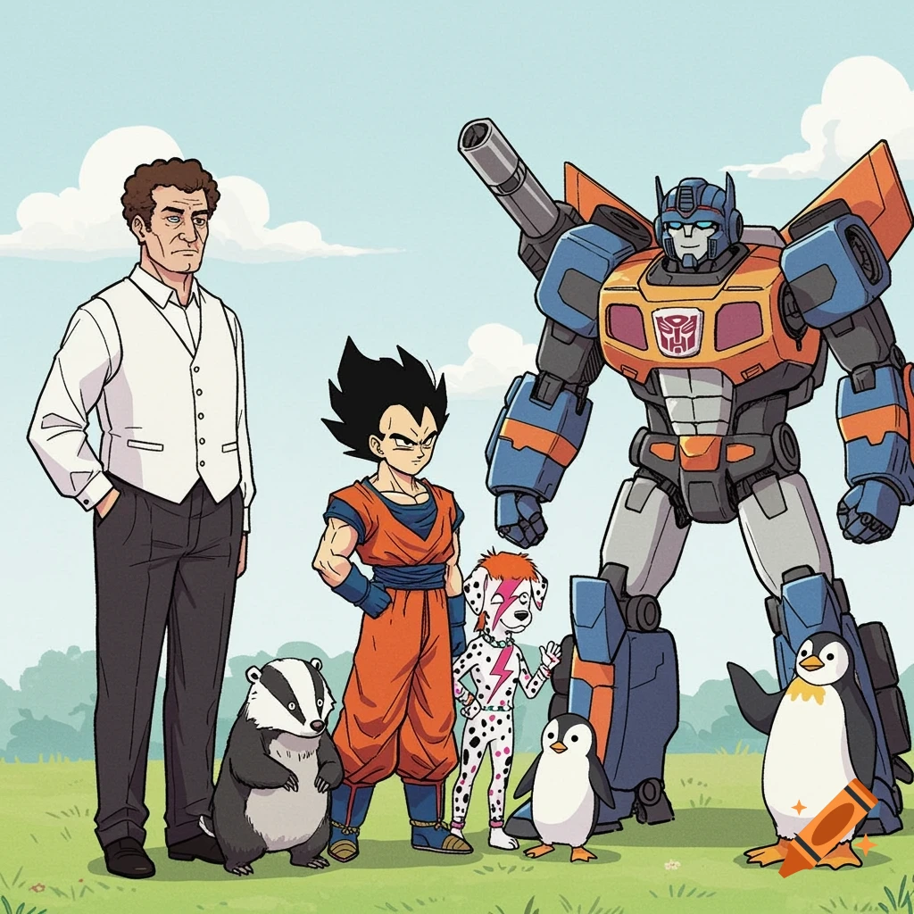 A cartoon group including a man in a vest, a badger, a Ziggy Stardust Dalmatian, Vegeta, and two penguins stand with the Transformer Groove in a grassy field.