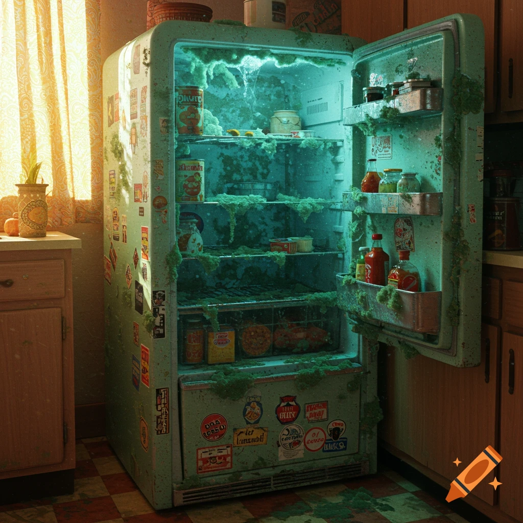 An open, mold-covered, vintage refrigerator sits in a dirty kitchen with a checkered floor.