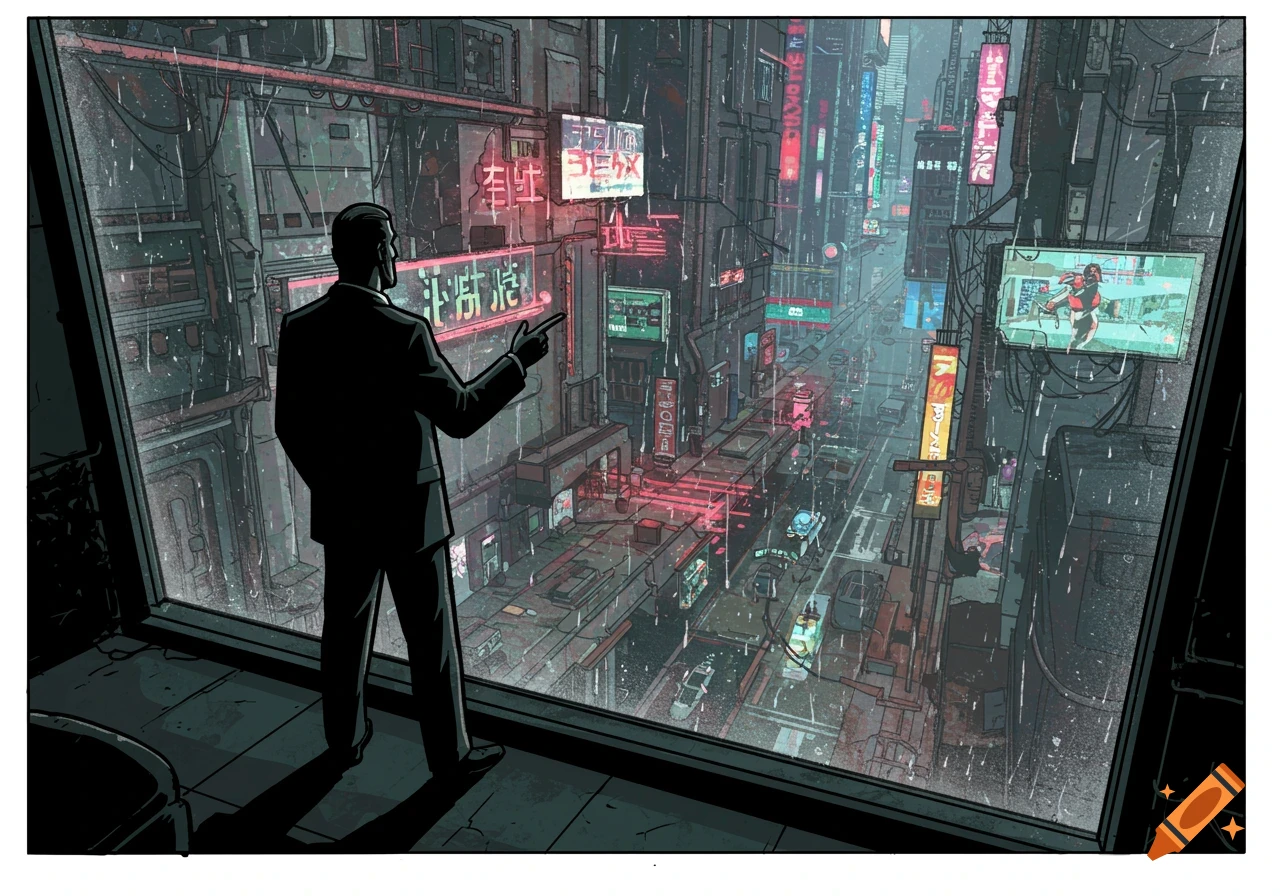 A silhouetted man in a suit looks out a window, pointing at a rainy neon cyberpunk city below, in a cel-shaded comic book style.