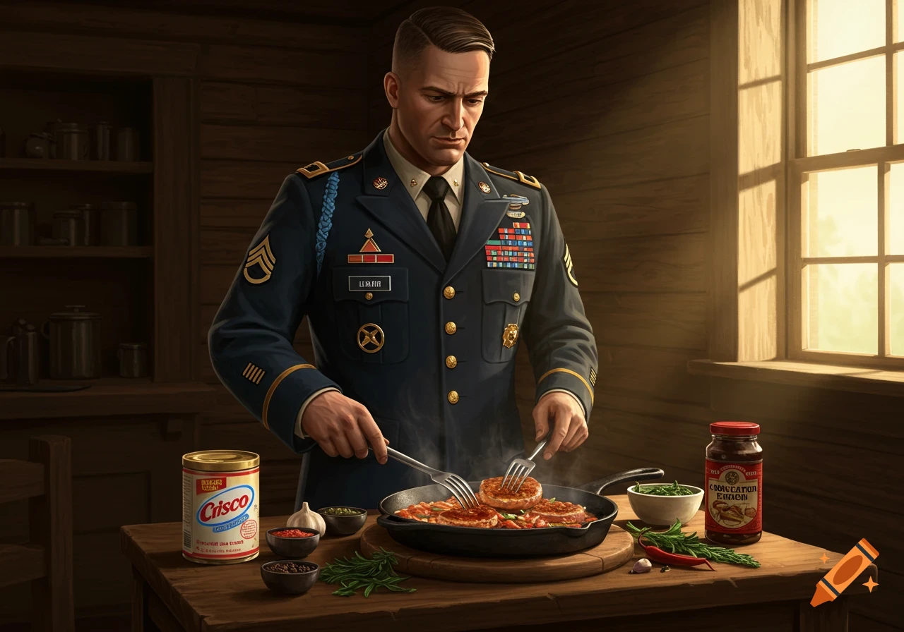 A man in a military uniform cooks in a rustic kitchen, holding a skillet with two forks.