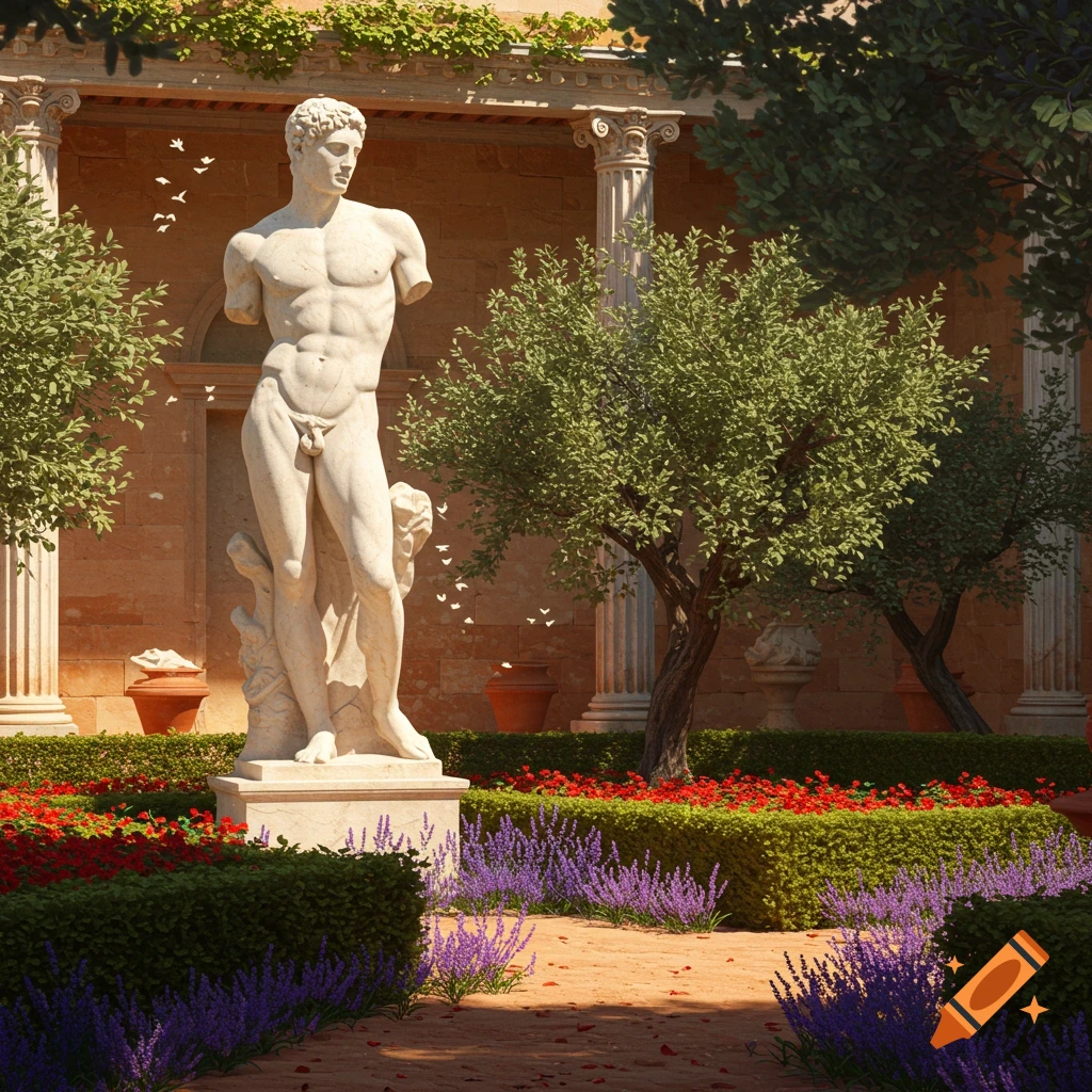 A classical marble statue of a male figure with a fig leaf, standing amidst lush green bushes, red and purple flowers, and trees in a sunny courtyard with columns and a building in the background.