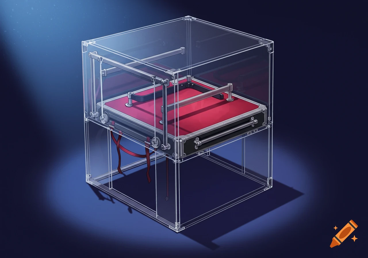 A transparent cabinet with a red-topped platform inside, designed for a magic sawing trick, against a dark blue background.