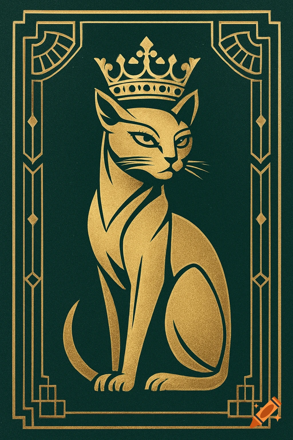 Gold Art Deco illustration of a cat wearing a crown on a dark green background with decorative borders.