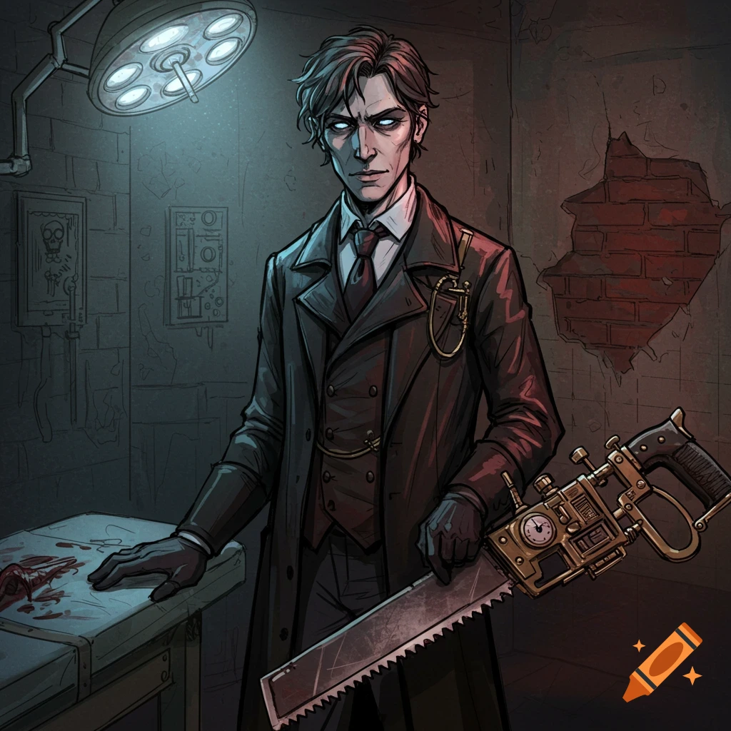 A stylized illustration of an androgynous gothic horror inventor in a dark coat, holding a clockwork hacksaw next to a bloody surgical table under a bright light.