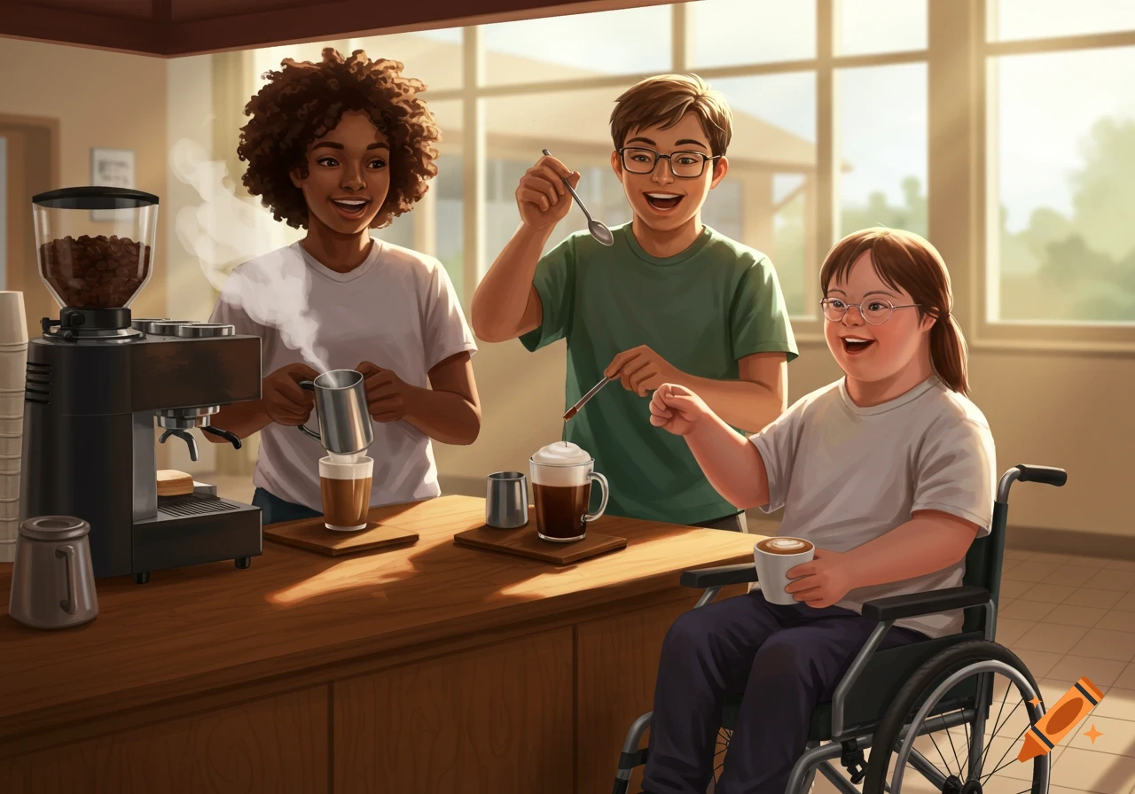 An illustration of a diverse group of three students, including a Black student and a student in a wheelchair, happily making coffee at a school-based coffee cart.