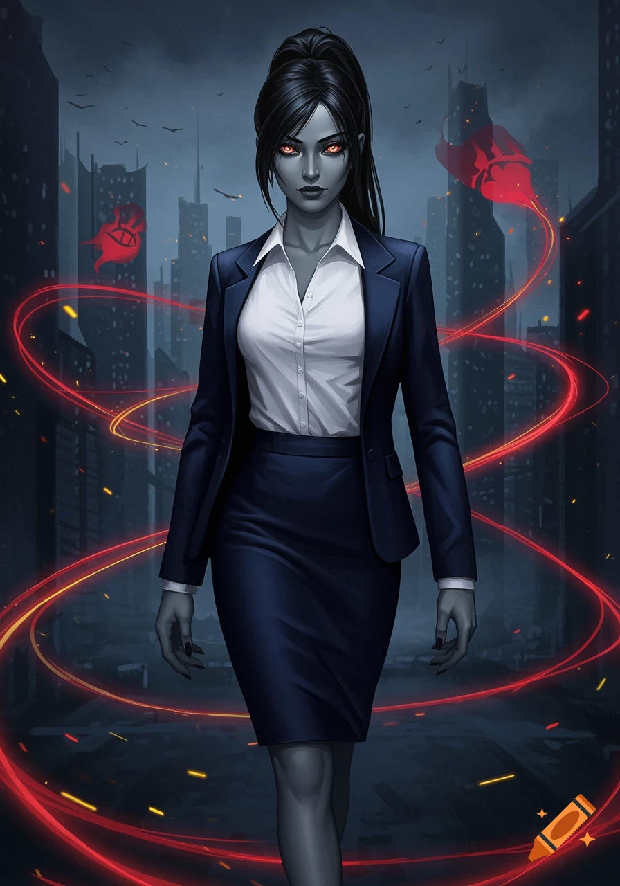 A woman with grey skin and red eyes, in a business suit, walks through a dark city with glowing red energy.