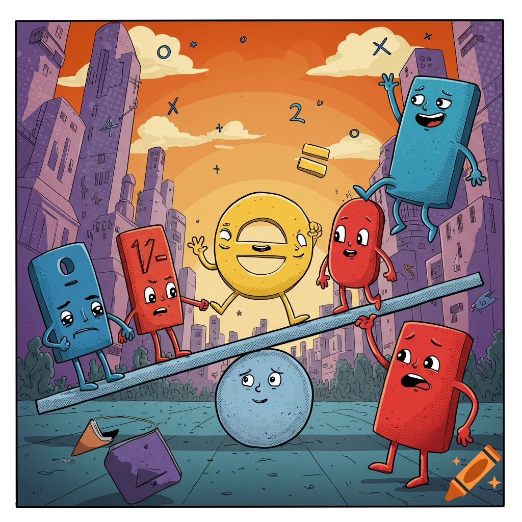 Cartoon math symbols and numbers on a seesaw in a city at sunset in a comic book style.
