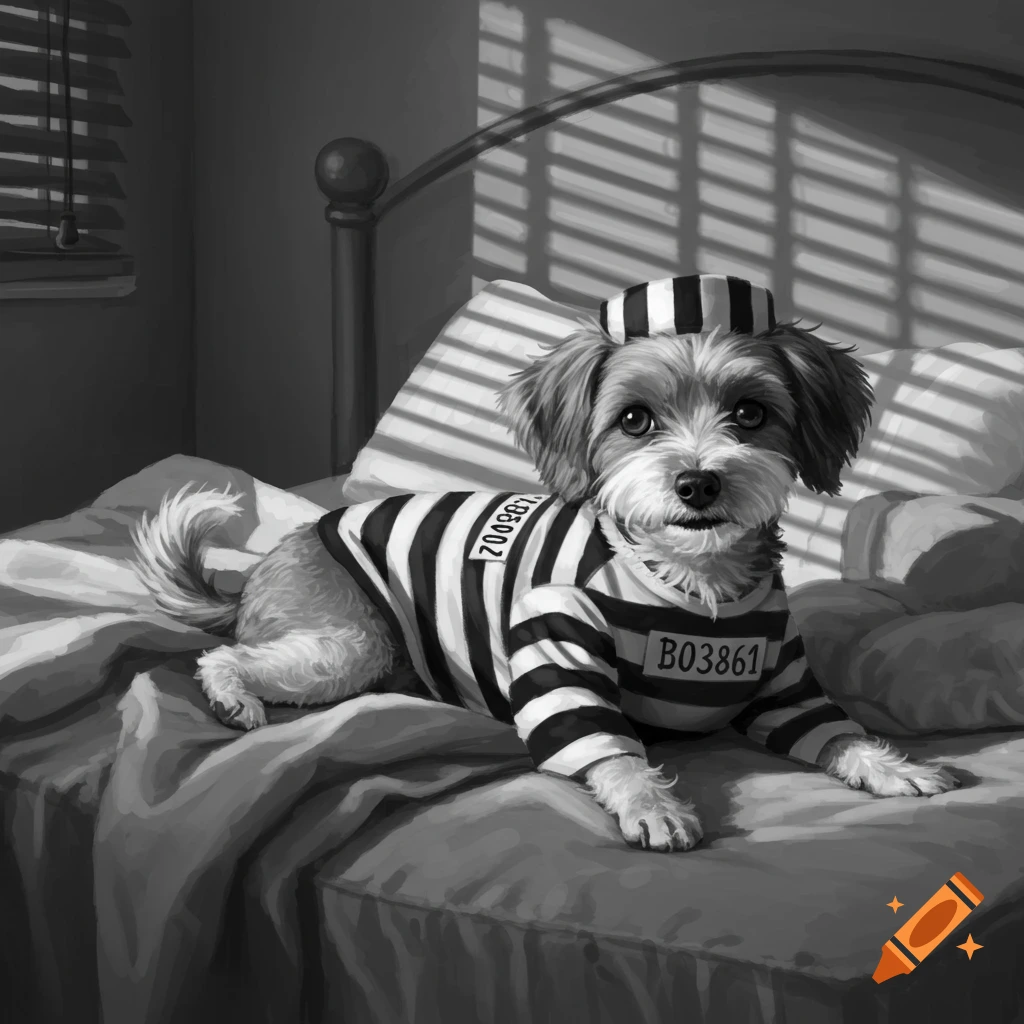 A small fluffy dog in a black and white striped prisoner's outfit and hat lies on a bed, lit by shadows from blinds.