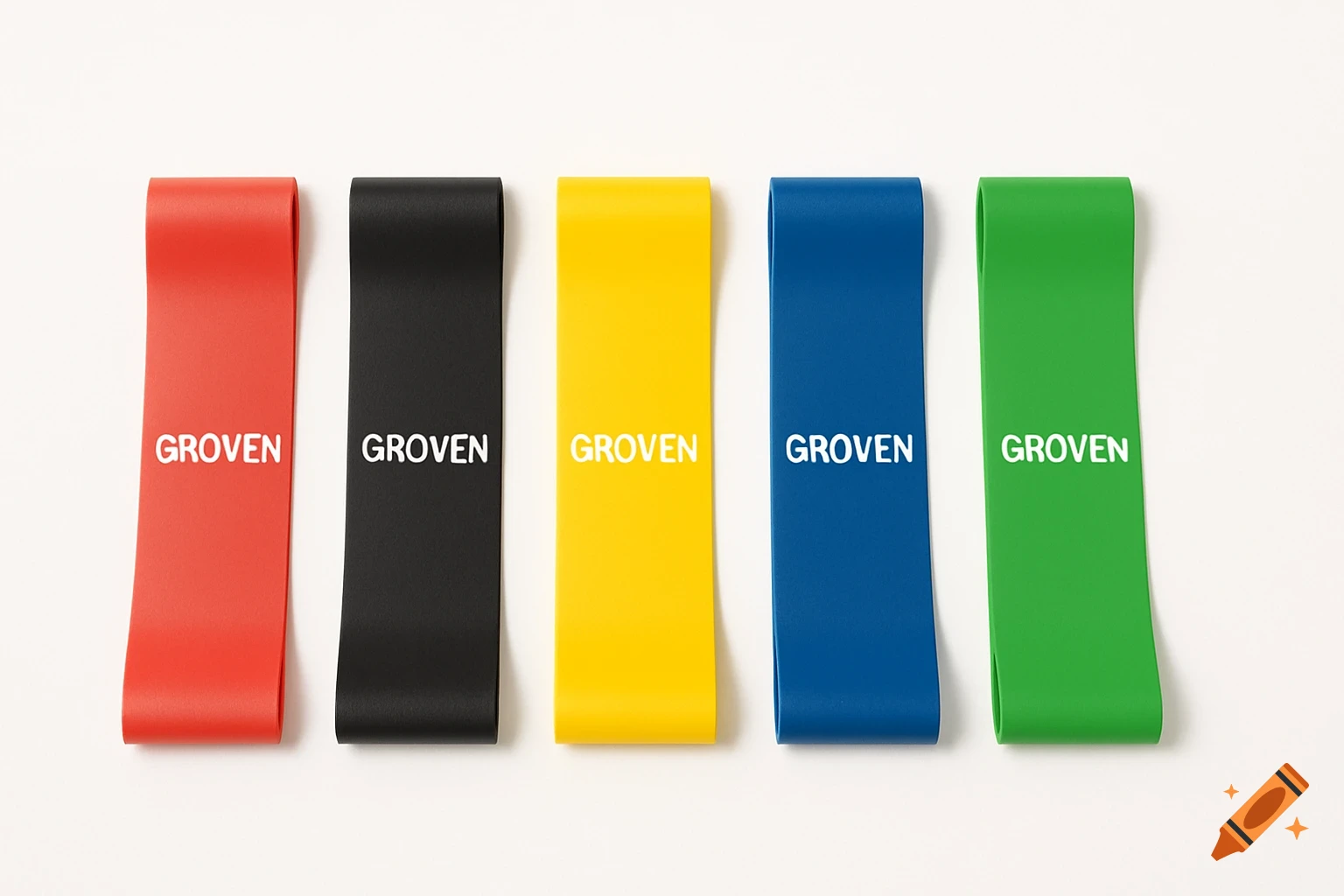 Five colorful resistance bands (red, black, yellow, blue, green) with 'GROVEN' logo, arranged on a white background.