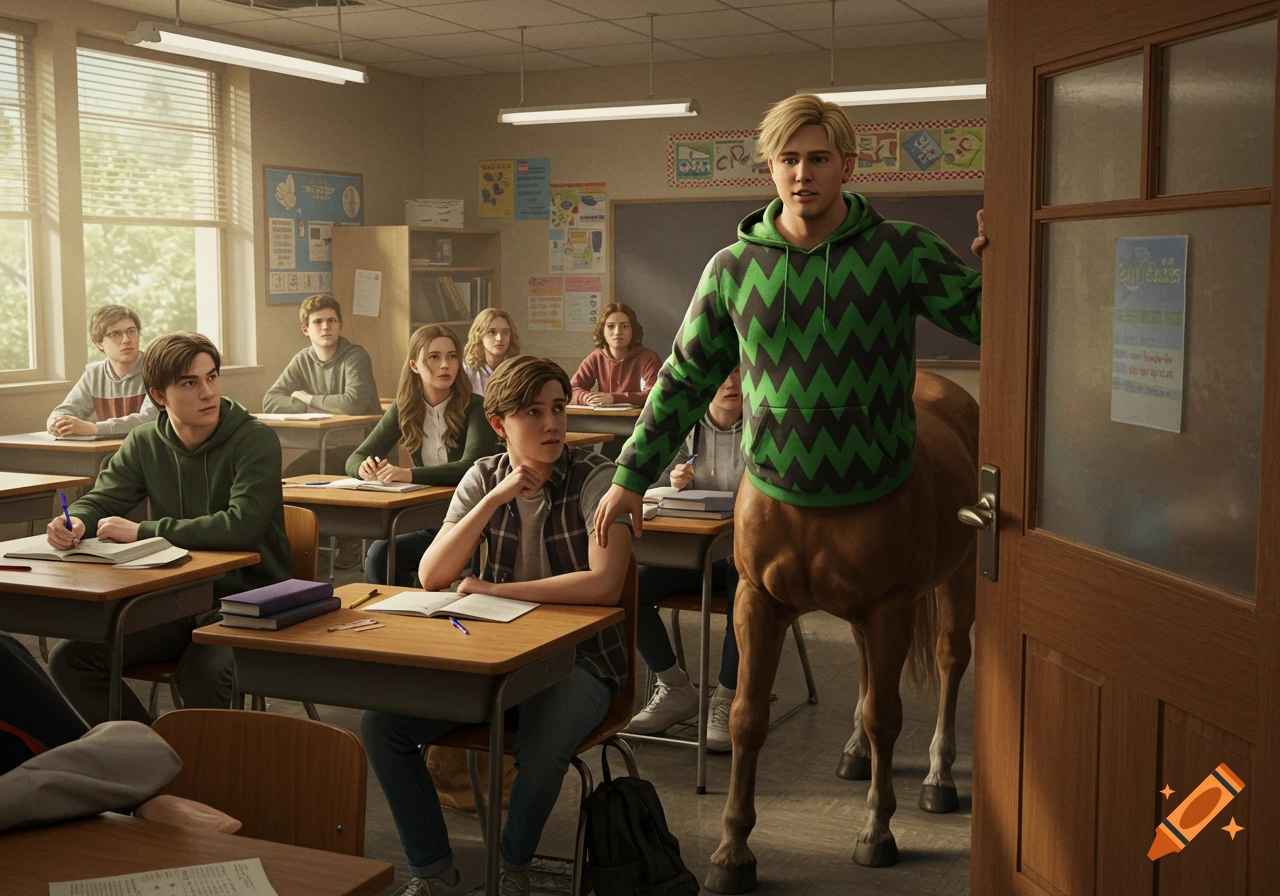 A male centaur student with a green zigzag hoodie enters a high school classroom filled with staring students.