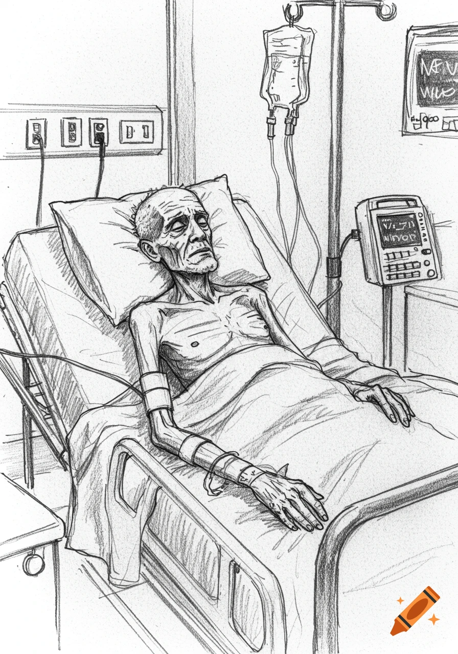A black and white pencil drawing of an emaciated old man lying in a hospital bed, hooked up to an IV drip and other medical equipment.