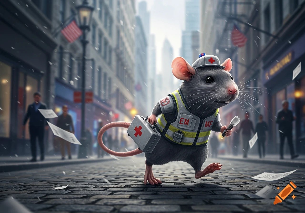 A cartoonish rat dressed as an EMT runs down a city street, holding a first aid kit and a small flashlight, with papers flying around.