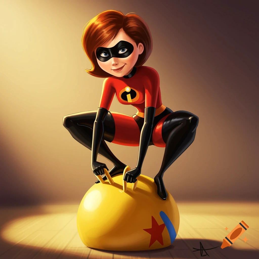 Elastigirl from The Incredibles balancing in a squatting pose on a large yellow bouncy ball in a stylized illustration.