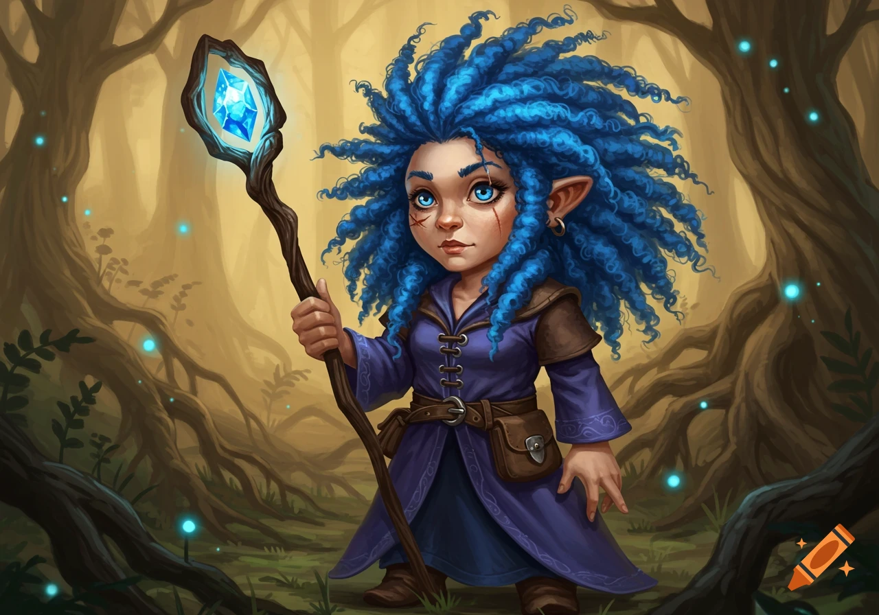 A female gnome with wild blue hair and a scar on her cheek holds a glowing staff with a blue gem in a mystical forest with floating blue lights.