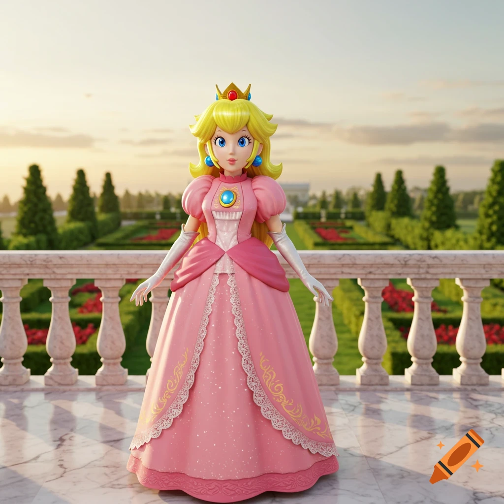 Princess Peach stands on a grand balcony overlooking a formal garden at sunset in a high-quality 3D render.