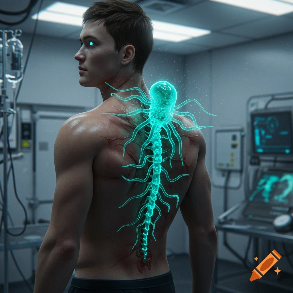 A shirtless man with glowing blue energy emanating from his spine, resembling a parasitic structure, in a futuristic medical lab.
