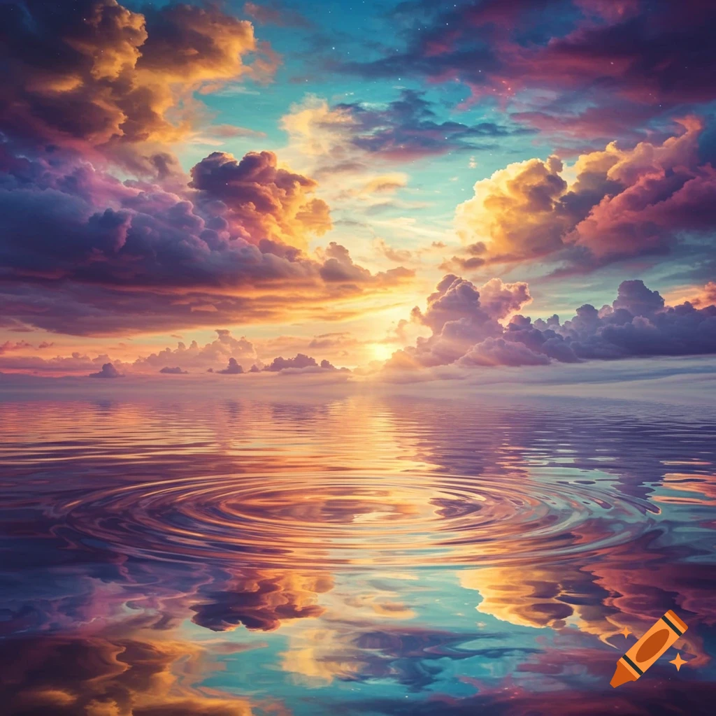 Vibrant sunset clouds reflect on tranquil water with ripples, creating a colorful dreamscape.