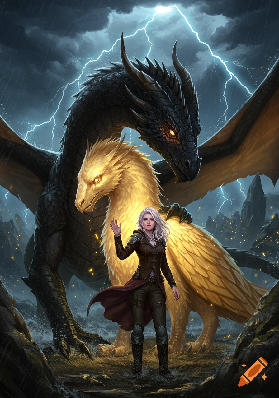A woman stands between a large black dragon and a glowing golden dragon in a stormy, lightning-filled fantasy landscape.