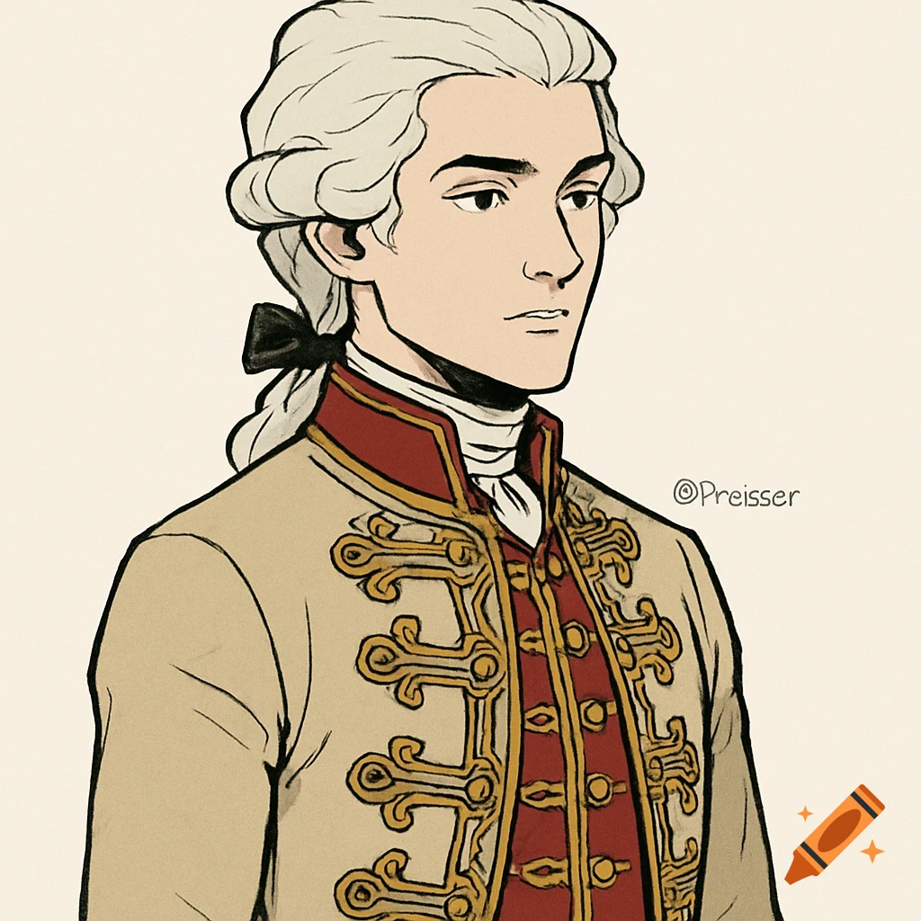 A stylized digital art portrait of a young man wearing an 18th-century Austrian military uniform and a powdered wig.